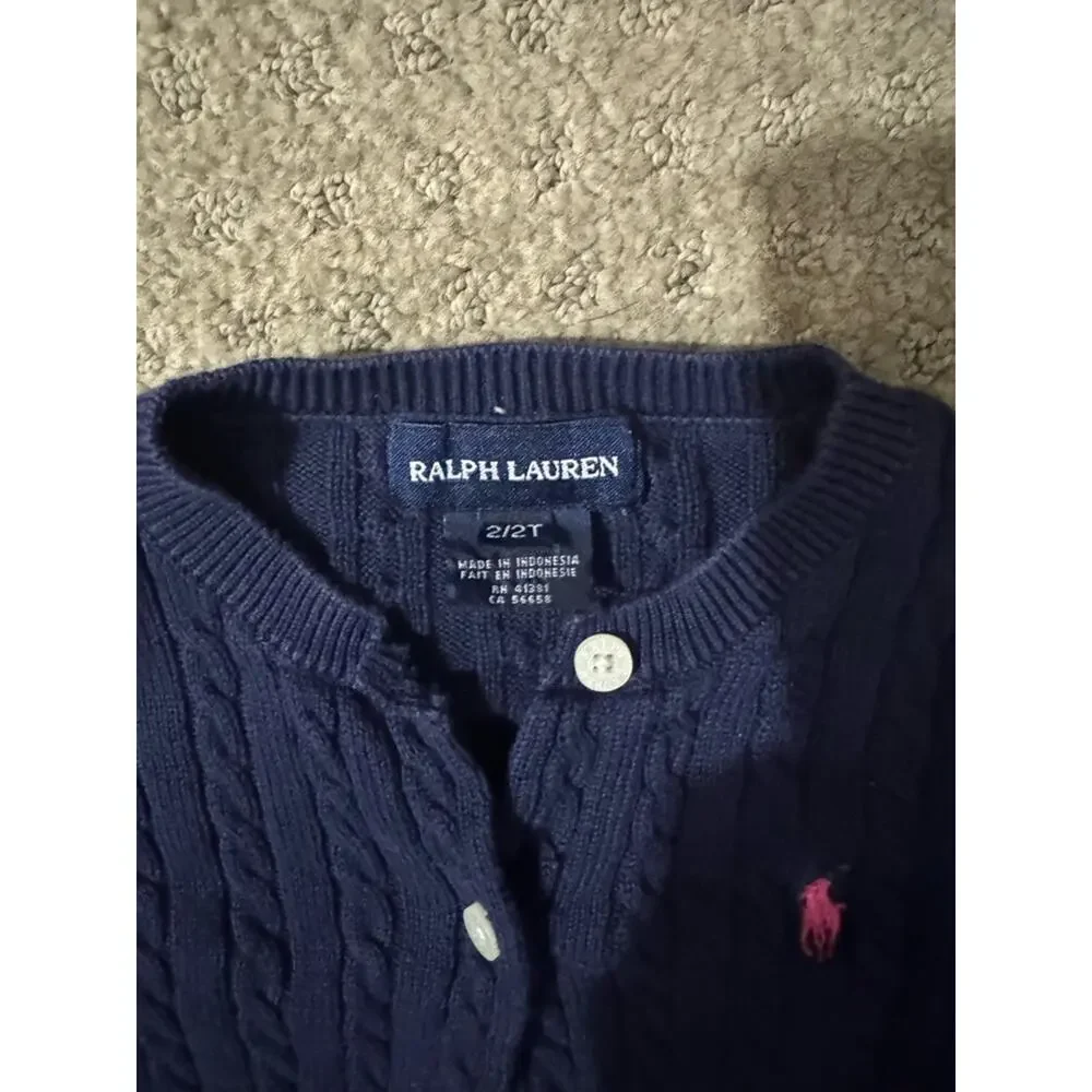 Ralph Lauren Navy Cable-Knit Cardigan with Pink Pony